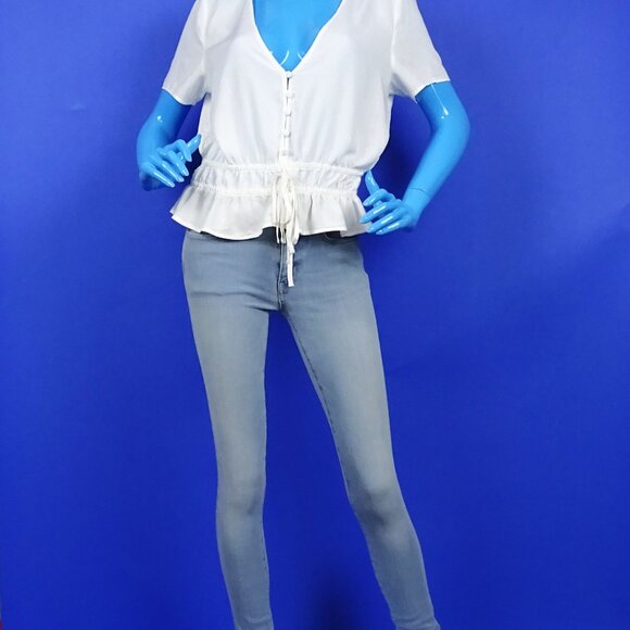 H&M White Low Cut Peasant Blouse Top Shirt 8 40 M Festival Boho Ruffle Hem Prair - Picture 3 of 6